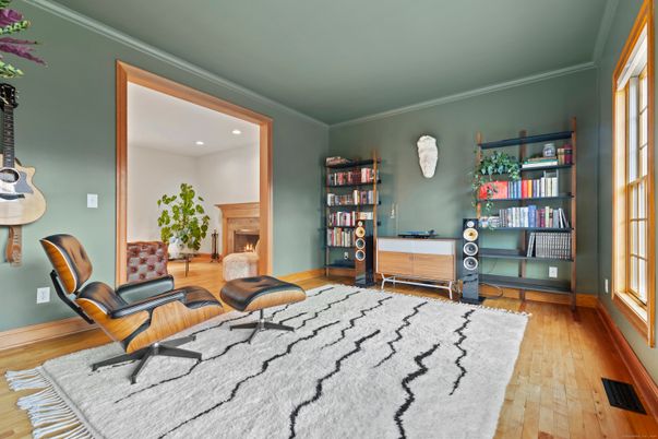 Fireplace, Home Office, Interior, Recessed Lighting, Wood Texture Flooring