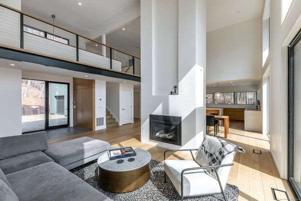 Dining room, Fireplace, Interior, Living room, Pendant Lights, Recessed Lighting, Wood Texture Flooring