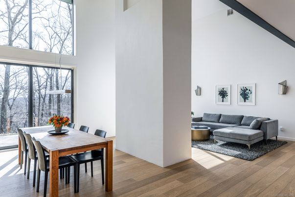 Dining room, Interior, Pendant Lights, Wood Texture Flooring