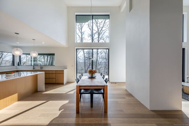 Dining room, Interior, Pendant Lights, Wood Texture Flooring
