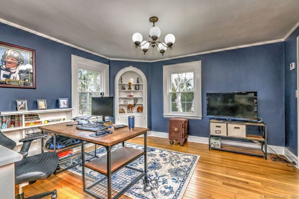 Chandelier, Home Office, Interior, Wood Texture Flooring