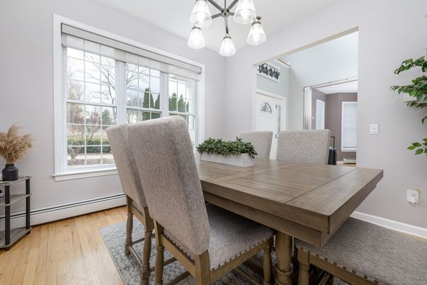 Dining room, Interior, Pendant Lights, Wood Texture Flooring