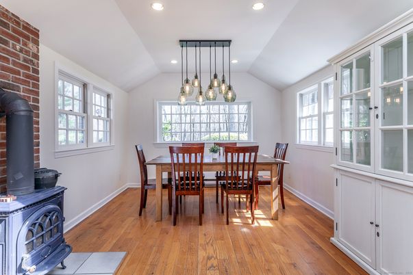 Dining room, Interior, Pendant Lights, Recessed Lighting, Stone Walls, Wood Texture Flooring