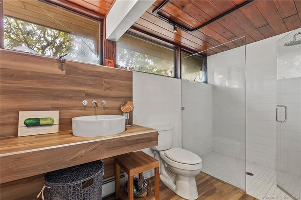 Bathroom, Glass Shower, Interior, Wooden Ceilings, Wood Texture Flooring, Wooden Walls