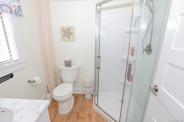 Bathroom, Glass Shower, Interior, Wood Texture Flooring