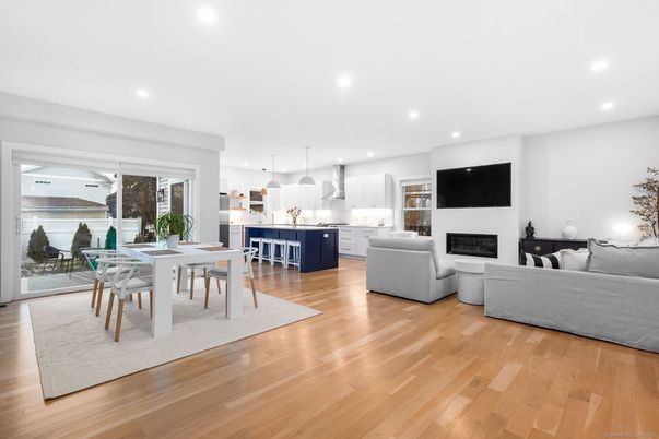 Dining room, Fireplace, Interior, Kitchen, Living room, Pendant Lights, Recessed Lighting, Wood Texture Flooring