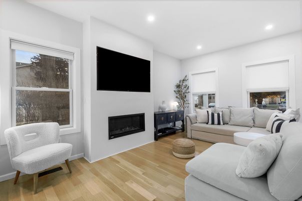 Fireplace, Interior, Living room, Recessed Lighting, Wood Texture Flooring