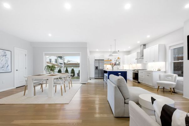 Dining room, Interior, Kitchen, Living room, Pendant Lights, Recessed Lighting, Stainless Steel Appliances, Wood Texture Flooring
