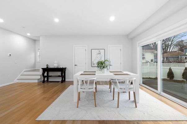 Dining room, Interior, Recessed Lighting, Wood Texture Flooring