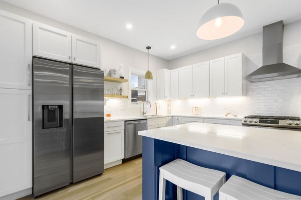 Interior, Kitchen, Pendant Lights, Recessed Lighting, Stainless Steel Appliances, Wood Texture Flooring
