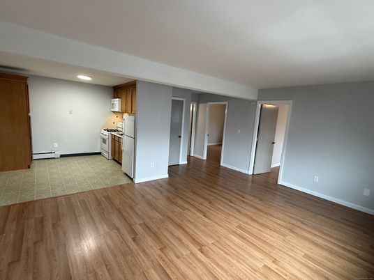 Empty room, Interior, Kitchen, Recessed Lighting, Wood Texture Flooring