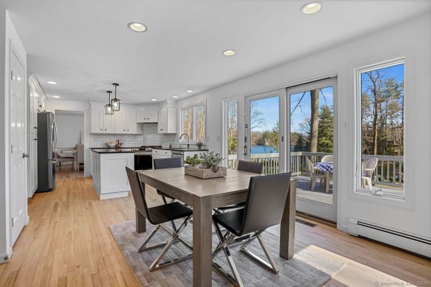 Dining room, Interior, Kitchen, Pendant Lights, Recessed Lighting, Wood Texture Flooring