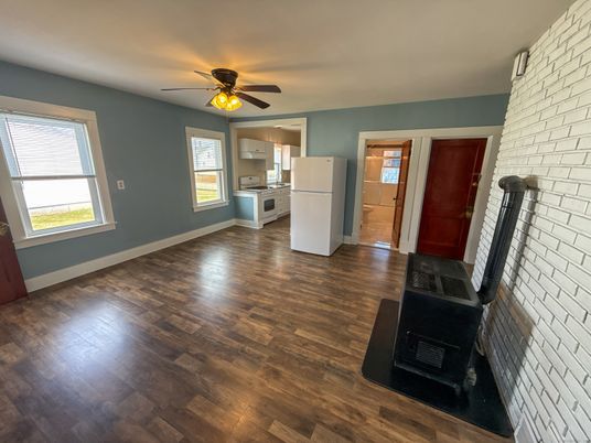 Empty room, Fireplace, Interior, Kitchen, Stone Walls, Wood Texture Flooring