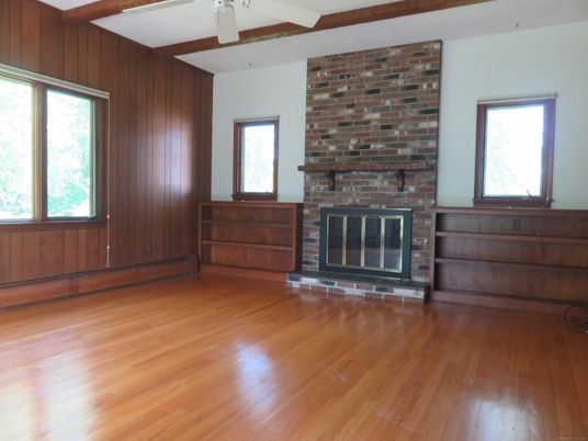 Empty room, Fireplace, Interior, Stone Walls, Wooden Beams, Wood Texture Flooring, Wooden Walls