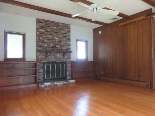 Empty room, Fireplace, Interior, Stone Walls, Wood Texture Flooring, Wooden Walls