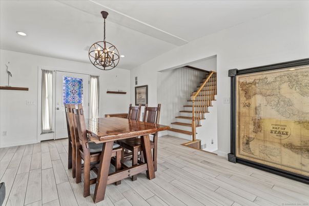 Chandelier, Dining room, Interior, Recessed Lighting, Wood Texture Flooring