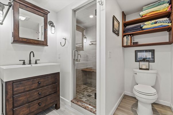 Bathroom, Glass Shower, Interior, Recessed Lighting, Wood Texture Flooring