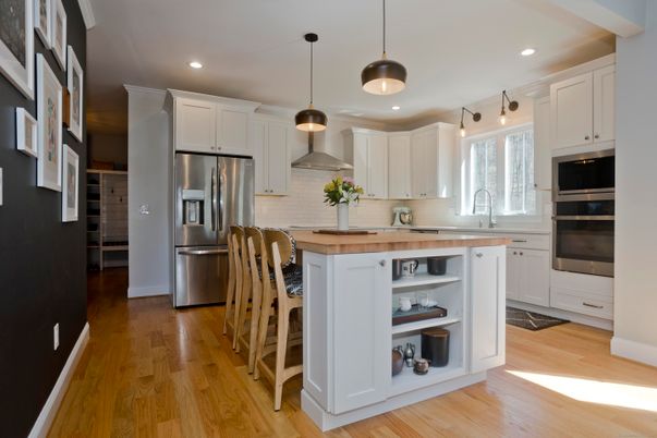 Interior, Kitchen, Pendant Lights, Recessed Lighting, Stainless Steel Appliances, Wood Texture Flooring