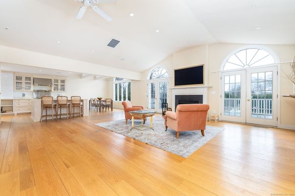 Dining room, Fireplace, Interior, Kitchen, Living room, Recessed Lighting, Wood Texture Flooring