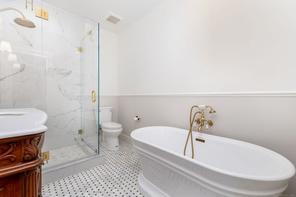Bathroom, Free Standing Baths, Glass Shower, Interior, Marble Walls
