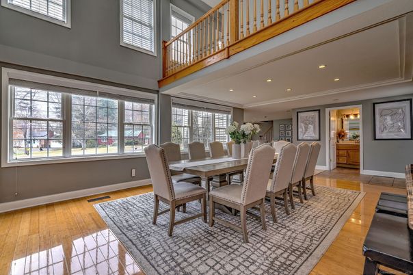 Dining room, Interior, Recessed Lighting, Wood Texture Flooring