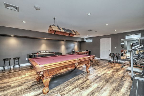 Billiard Table, Fitness Equipment, Game Room, Interior, Recessed Lighting, Wood Texture Flooring