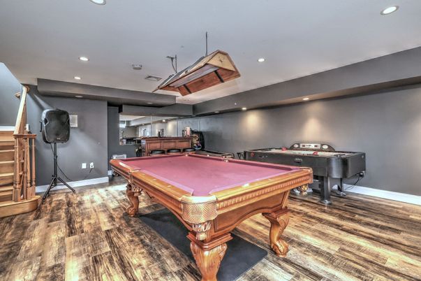 Billiard Table, Game Room, Interior, Piano, Recessed Lighting, Wood Texture Flooring