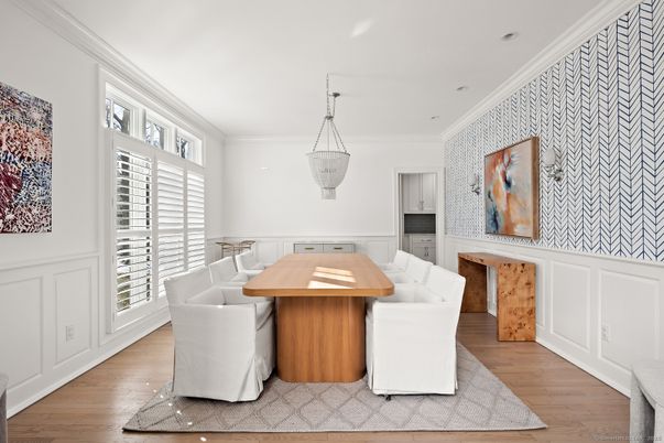 Dining room, Interior, Pendant Lights, Wood Texture Flooring