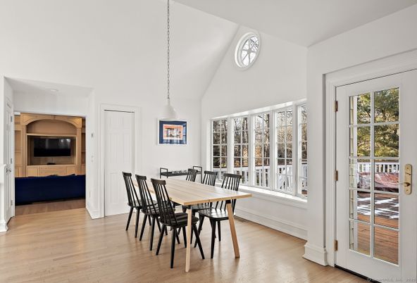 Dining room, Interior, Pendant Lights, Wood Texture Flooring