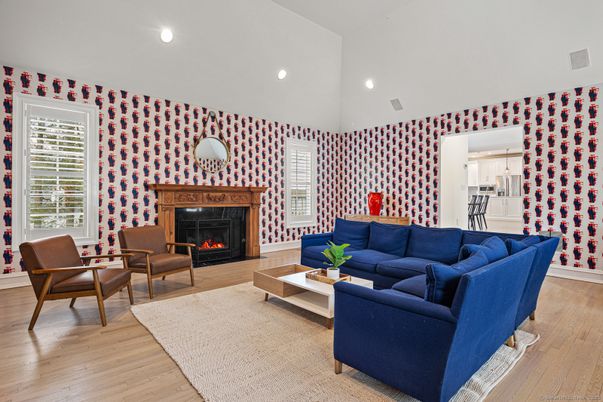 Fireplace, Interior, Living room, Recessed Lighting, Wood Texture Flooring