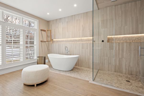 Bathroom, Free Standing Baths, Glass Shower, Interior, Recessed Lighting, Wood Texture Flooring