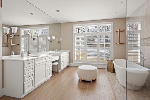 Bathroom, Dual Sink Vanities, Free Standing Baths, Interior, Recessed Lighting, Wood Texture Flooring