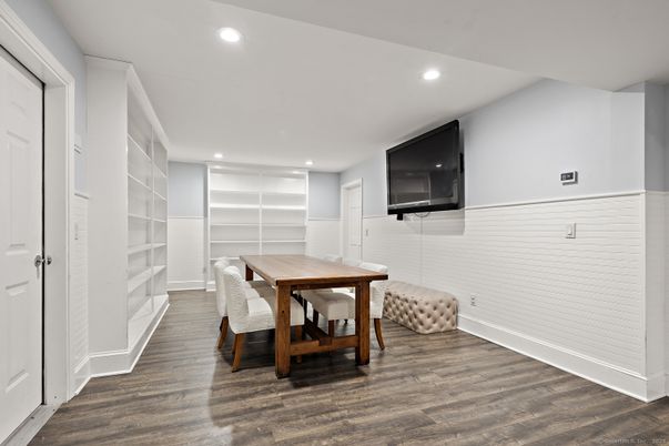 Dining room, Interior, Recessed Lighting, Wood Texture Flooring
