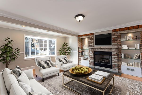 Fireplace, Interior, Living room, Recessed Lighting, Stone Walls, Wood Texture Flooring