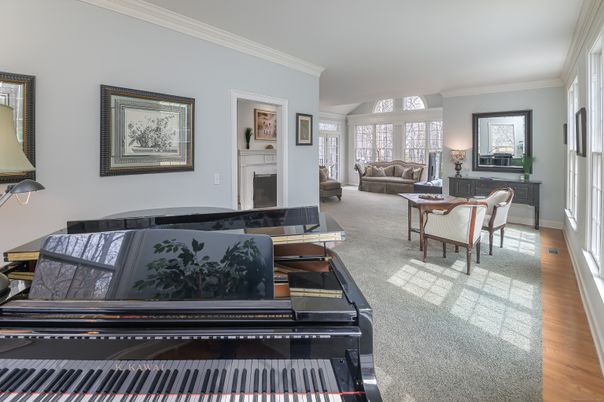 Dining room, Fireplace, Interior, Living room, Piano, Wood Texture Flooring