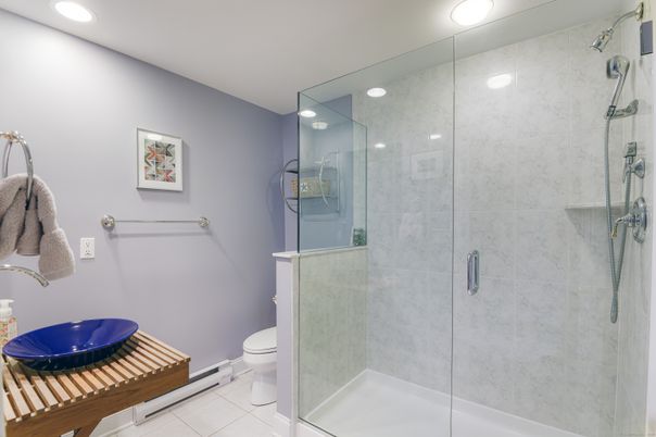 Bathroom, Glass Shower, Interior, Marble Walls, Recessed Lighting
