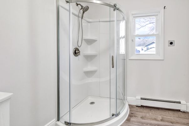 Bathroom, Glass Shower, Interior, Wood Texture Flooring