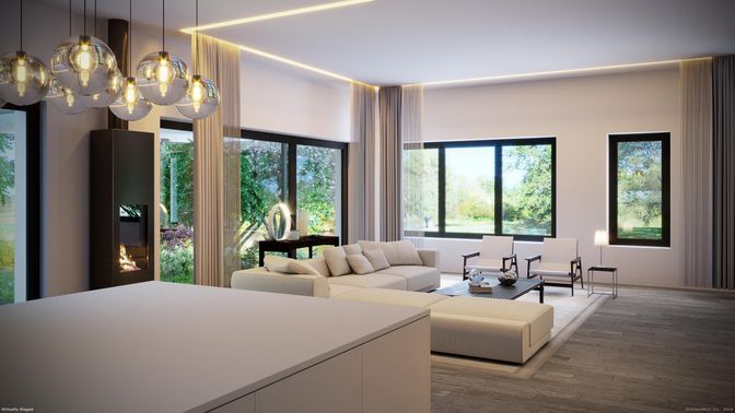 Interior, Living room, Pendant Lights, Wood Texture Flooring