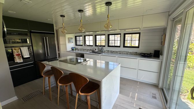Interior, Kitchen, Pendant Lights, Stainless Steel Appliances, Wood Texture Flooring