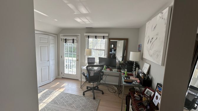 Fireplace, Home Office, Interior, Recessed Lighting, Wood Texture Flooring