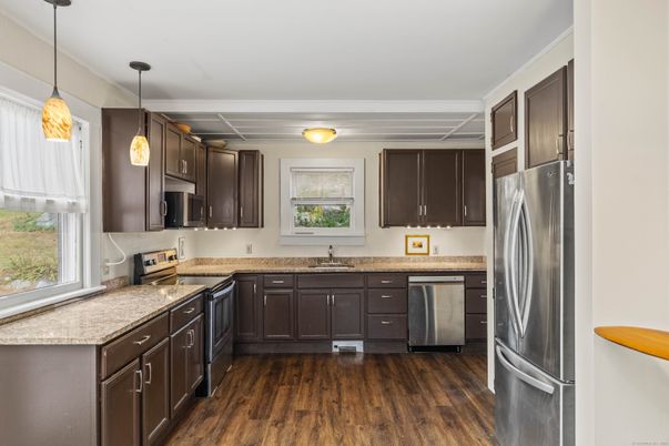 Interior, Kitchen, Pendant Lights, Stainless Steel Appliances, Wood Texture Flooring