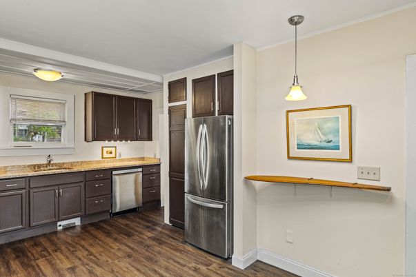 Interior, Kitchen, Pendant Lights, Stainless Steel Appliances, Wood Texture Flooring