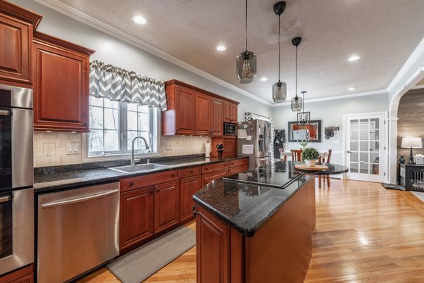 Interior, Kitchen, Pendant Lights, Recessed Lighting, Stainless Steel Appliances, Wood Texture Flooring