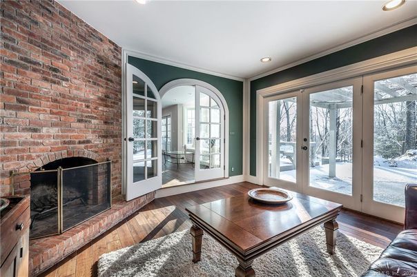 Fireplace, Interior, Recessed Lighting, Stone Walls, Wood Texture Flooring