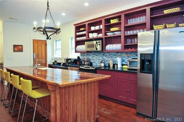 Chandelier, Interior, Kitchen, Pendant Lights, Recessed Lighting, Stainless Steel Appliances, Wood Texture Flooring