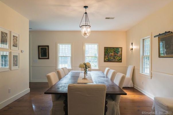 Dining room, Interior, Pendant Lights, Wood Texture Flooring