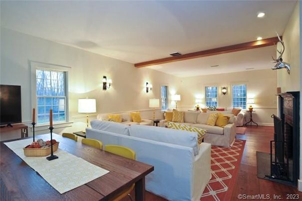 Fireplace, Interior, Living room, Recessed Lighting, Wood Texture Flooring
