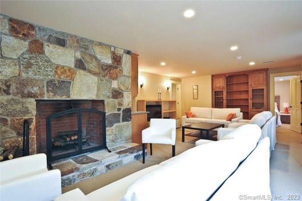 Fireplace, Interior, Living room, Recessed Lighting, Stone Walls