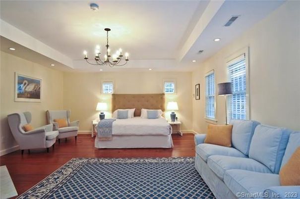 Bedroom, Chandelier, Interior, Recessed Lighting, Wood Texture Flooring