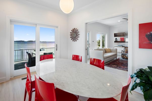 Dining room, Interior, Pendant Lights, Water, Wood Texture Flooring